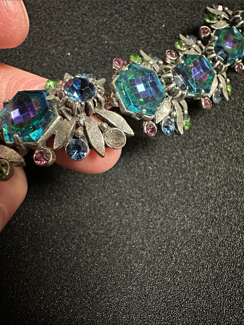 Vintage Signed FLORENZA Blue Aurora Borealis Rhinestone Link Bracelet (As-Is) - Picture 10 of 16